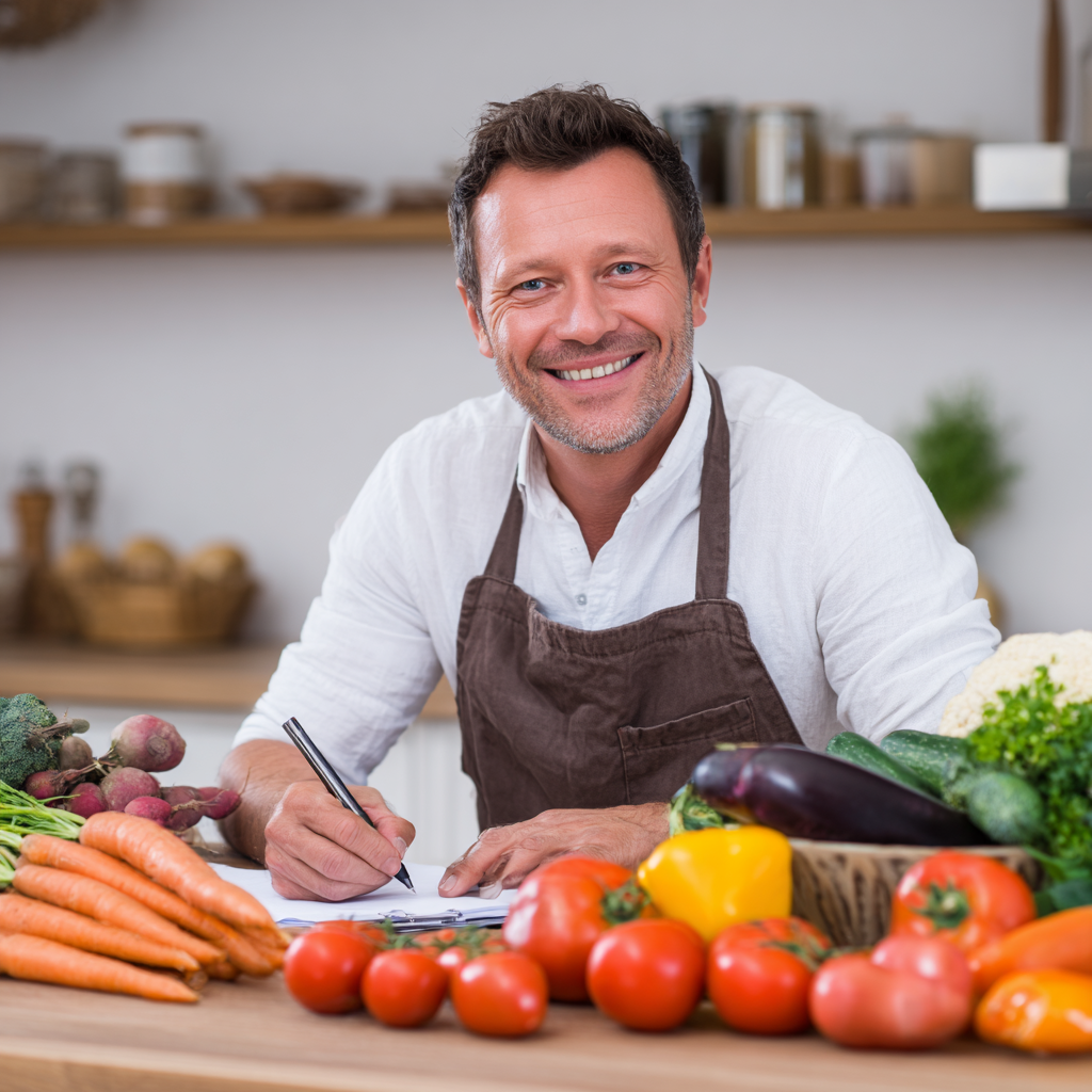 Mosolygós középkorú magyar nő friss zöldségekkel és gyümölcsökkel a konyhában, egészséges életmódot sugallva
