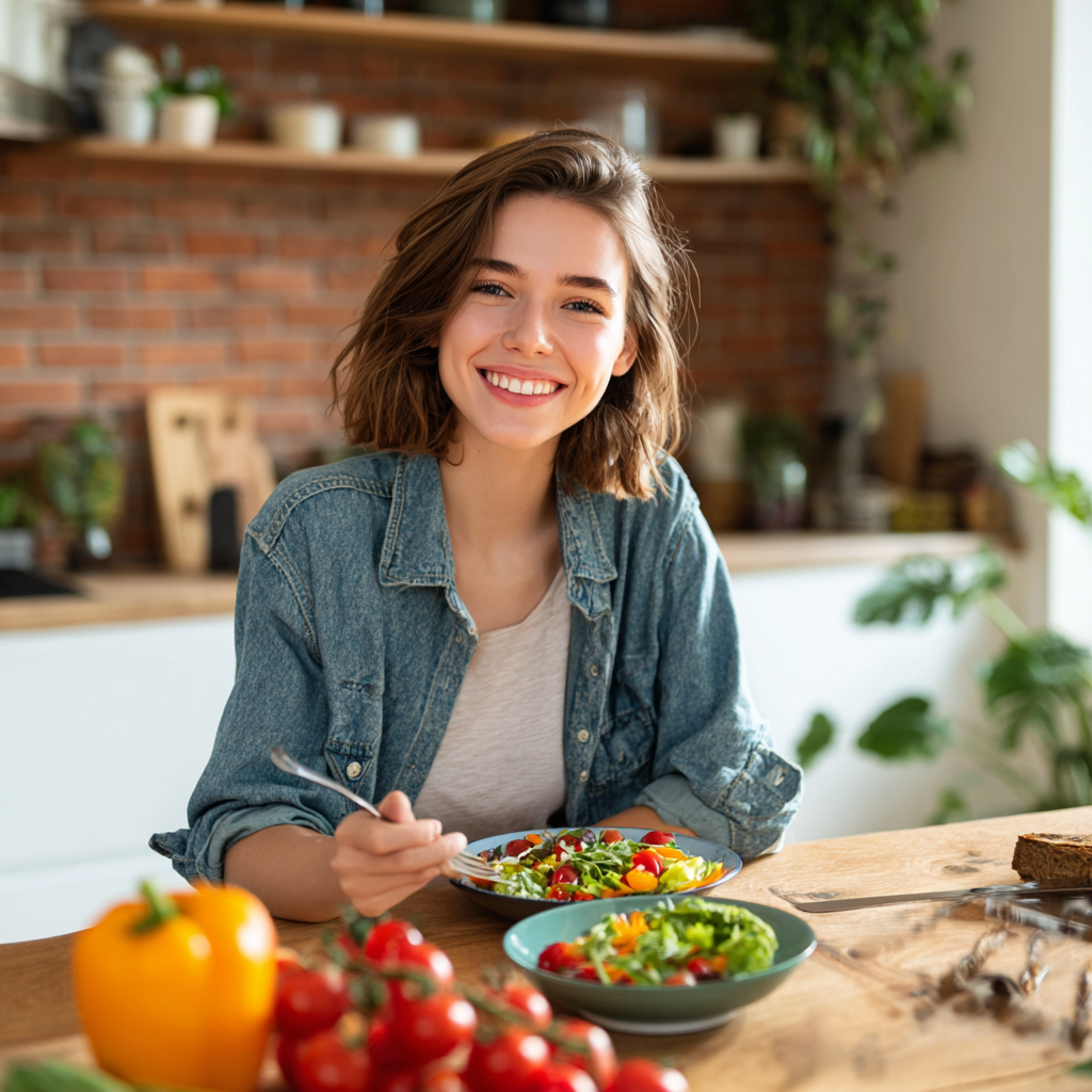 Fiatal felnőtt magyar nő friss zöldségek és gyümölcsök között mosolyog, egészséges táplálkozást bemutatkozva